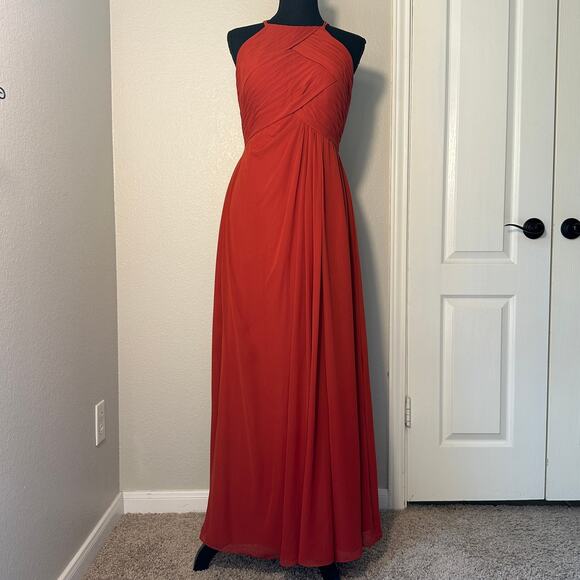 Azazie Rust Maxi Sheer Lace Back Halter Neck Dress Bridesmaid, Wedding Guest, 6 - Picture 2 of 9